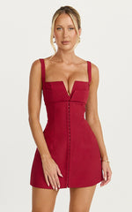 Odette Mini Dress - Plunge V Neck A Line Dress in Cherry Red