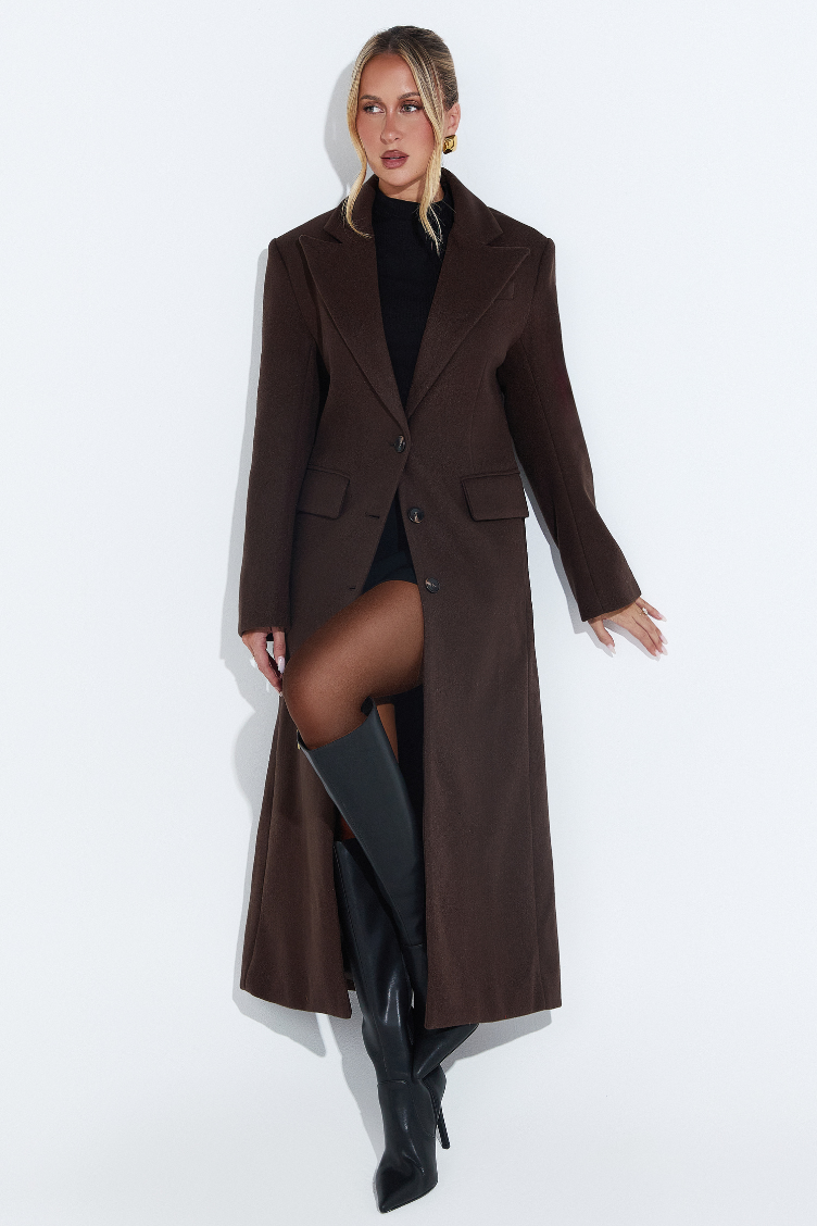 Paloma Coat - Tailored Cinched Waist Longline Coat in Chocolate