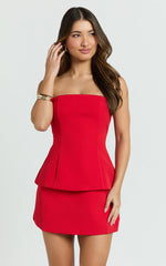 Pauline Two Piece Top and Skirt Set - Strapless A Line Top and Mini Skirt Set in Red