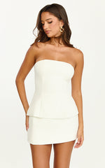 Pauline Two Piece Top and Skirt Set - Strapless A Line Top and Mini Skirt Set in White