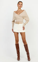 Petra Top - Long Sleeve Wrap Ribbed Knit Top in Oat Marle