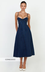 Prisha Midi Dress - Recycled Denim Fit and Flare Dress in Indigo Wash
