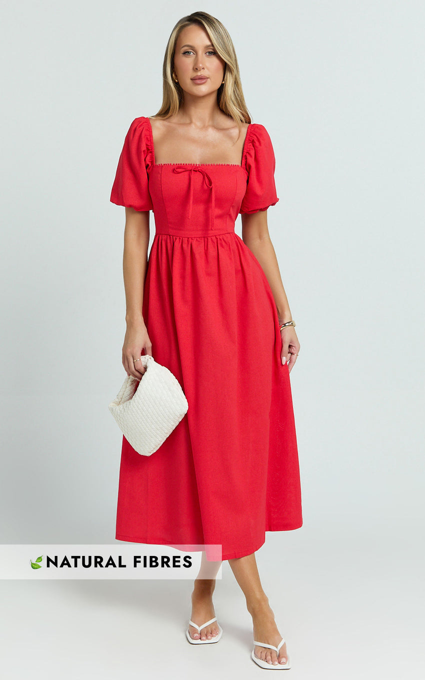 Quinn Midi Linen Blend Dress - Puff Sleeve Square Neck Dress in Red
