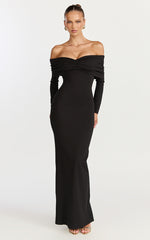 Rani Maxi Dress - Off Shoulder Long Sleeve Bodycon Dress in Black