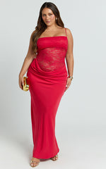 Rania Maxi Dress - Contrast Lace Bodice Bias Cowl Drop Waist Dress in Red