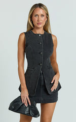 Rhianna Top - Button Down Longline Recycled Denim Vest Top in Black