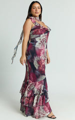 Riley Maxi Dress - Asymmetric Ruffle Detail Maxi Dress in Mariache Rose
