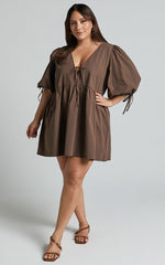 Rosita Mini Dress - Tie Front Puff Sleeve Dress in Chocolate