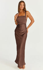 Rumi Midi Dress - Ruched Bodice Satin Dress in Chocolate