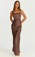 Rumi Midi Dress - Ruched Bodice Satin Dress in Chocolate