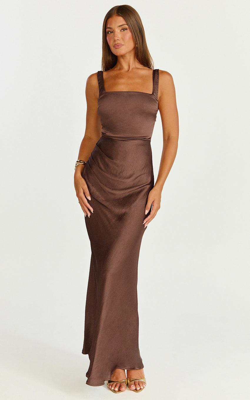 Rumi Midi Dress - Ruched Bodice Satin Dress in Chocolate