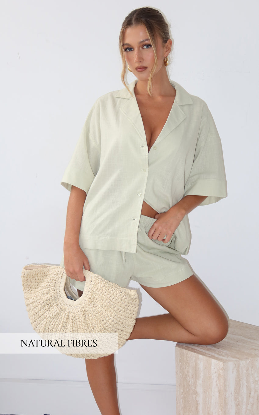 Saina Two Piece Set - Button Through Shirt and Drawstring Shorts Set in Sage