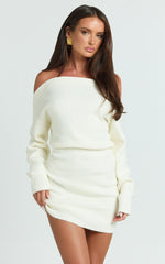 Seraphine Mini Dress - Off Shoulder Long Sleeve Brushed Knit Mini Dress in Cream