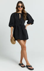 Shailene Mini Dress - Tie Front Puff Sleeve Recycled Denim Dress in Black Wash Panel