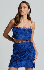 Shelby Mini Skirt - High Waist Fringe Skirt in Cobalt Blue