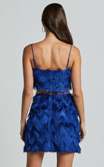 Shelby Mini Skirt - High Waist Fringe Skirt in Cobalt Blue