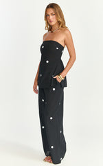 Skye Two Piece Set - Strapless Longline Top and Pant Set in Black Polka Dot
