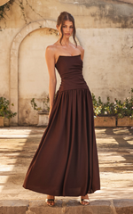 Marlowe Maxi Dress - Strapless Gathered Bodice Fit And Flare Dress in Chocolate