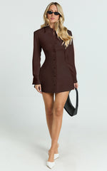 Thelma Mini Dress - Button Front Pleat Waist Tulip Skirt Shirtdress in Chocolate