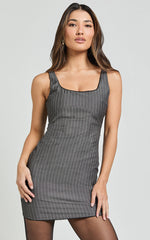 Tracey Mini Dress - Scoop Neck Bodycon Detailed Hem Dress in Charcoal Pinstripe