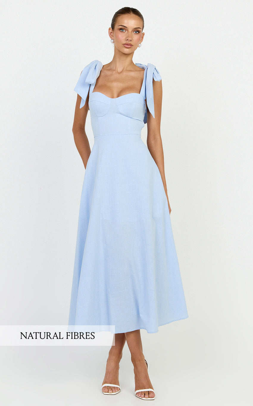 Tymia Midi Dress - Shoulder Tie Bustier Shirred Back A Line in Pastel Blue