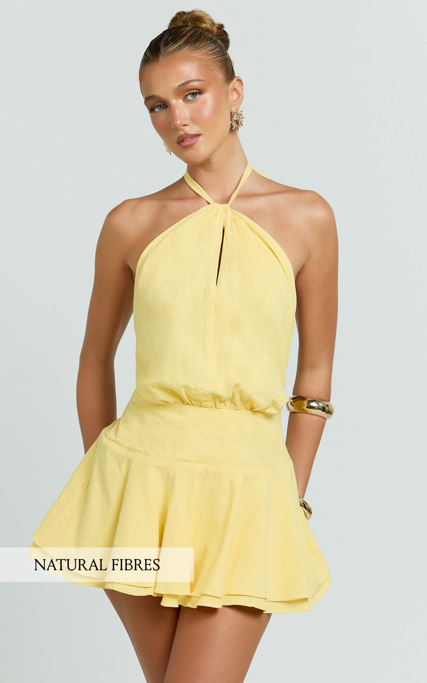 Violetta Mini Dress - Halter Neck Dropped Waist Fit and Flare Dress in Lemon