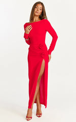 Vivienne Midi Dress - Boat Neck Long Sleeve Rosette Detail Dress in Red