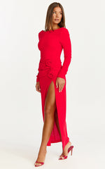 Vivienne Midi Dress - Boat Neck Long Sleeve Rosette Detail Dress in Red