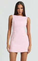 Windsor Mini Dress - Boatneck A-Line Skirt Back Bow Dress in Pale Pink
