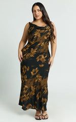 Dara Midi Dress Low Neck Sleeveless Slip Dress in Amber Floral Print