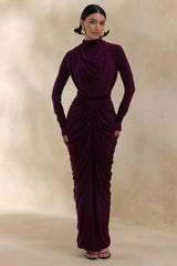 Harmona | Dark Plum High-Neck Maxi Dress With Gathered And Draped-Detailing