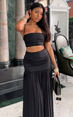 Rowan Two Piece Top and Skirt Set - Square Neck Crop Top and High Waist Pleated Maxi Skirt Set in Black
