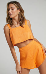 Zanrie Two Piece Set - Linen Square Neck Crop Top and High Waist Mini Flare Shorts Set in Orange