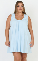Lucinda Mini Dress - Deep U Gathered Neck Smock Dress in Pale Blue