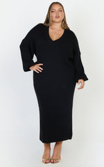 Kartia Midi Dress - V Neck Knit Dress in Black