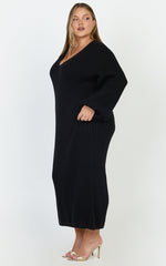 Kartia Midi Dress - V Neck Knit Dress in Black