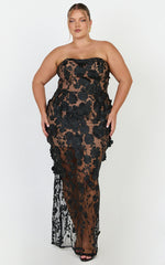 Sienna Maxi Dress - 3D Floral Strapless Column Dress in Black