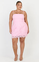 Maisie Mini Dress - Strapless Broderie Cut Out Border Hem Dress in Pink