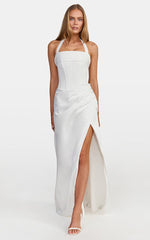 Amber Maxi Dress - Corset Bodice Draped Skirt Halter Dress in White
