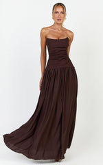 Marlowe Maxi Dress - Strapless Gathered Bodice Fit And Flare Dress in Chocolate