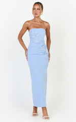 Moana Maxi Dress - Strapless Floral Embellished Structured Column Dress in Soft Blue