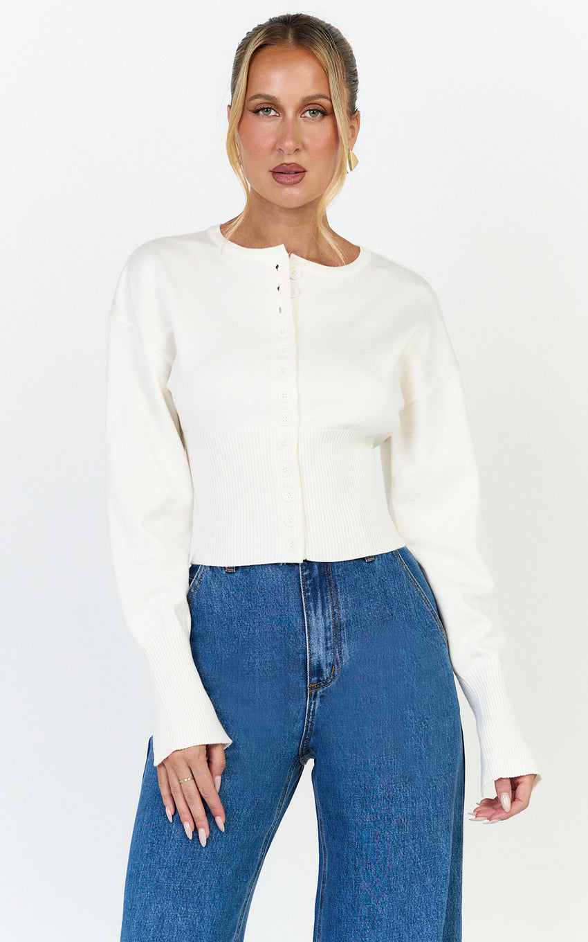 Ramsey Cardigan - Recycled Contoured Waist Button Down Cardigan in Ivory