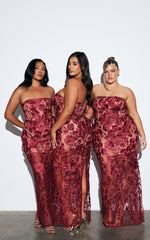 Sienna Maxi Dress - 3D Floral Strapless Column Dress in Wine