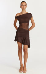 Ivy Mini Dress - Tip Shoulder Asymmetric Ruched Yoke Dress in Chocolate