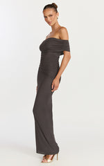 Caterina Maxi - Ruched Off Shoulder Mesh Dress in Chocolate
