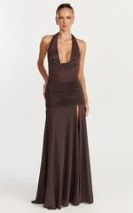 Janice Maxi Dress - Plunge Cowl Halter High Leg Split Dress in Chocolate