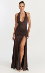 Janice Maxi Dress - Plunge Cowl Halter High Leg Split Dress in Chocolate