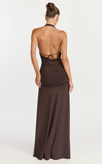 Janice Maxi Dress - Plunge Cowl Halter High Leg Split Dress in Chocolate
