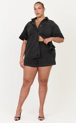 Iris Top - Oversized Recycled Denim Short Sleeve Shirt in Black