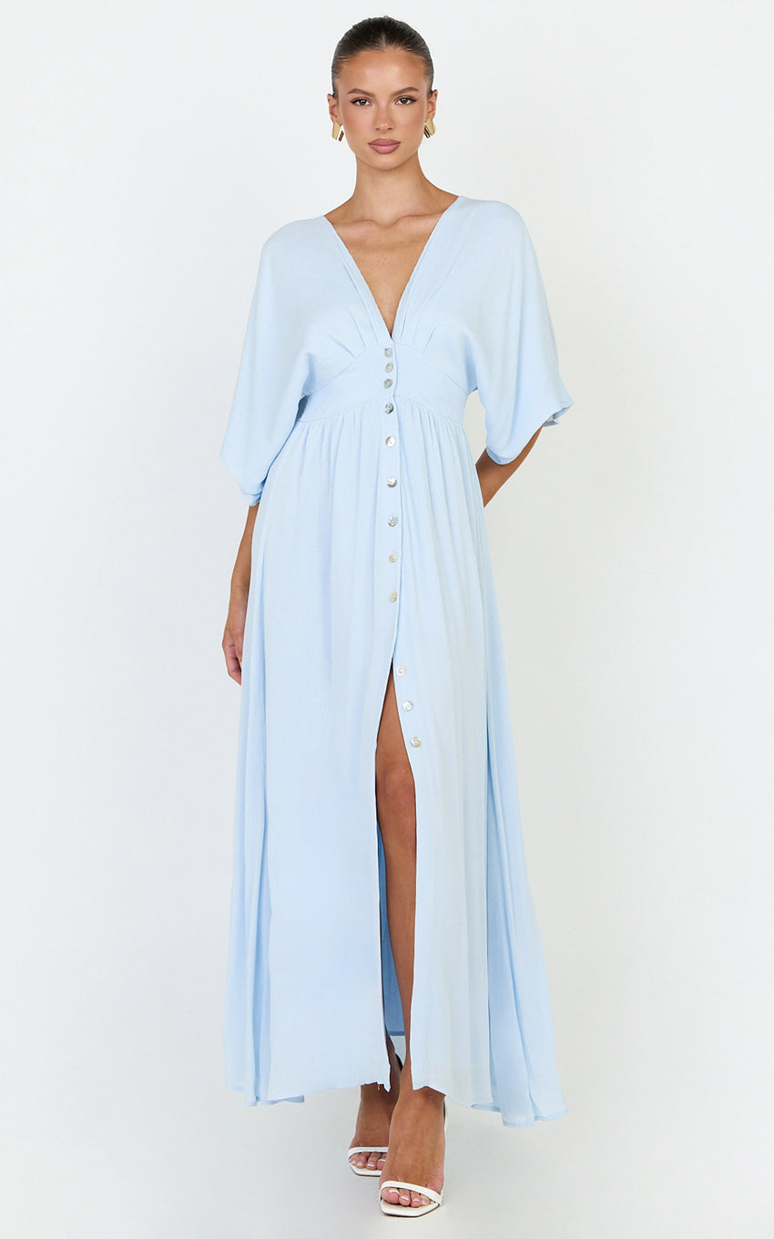 Sitting Pretty Maxi Dress - Short Sleeve Button Down Dress in Light Blue